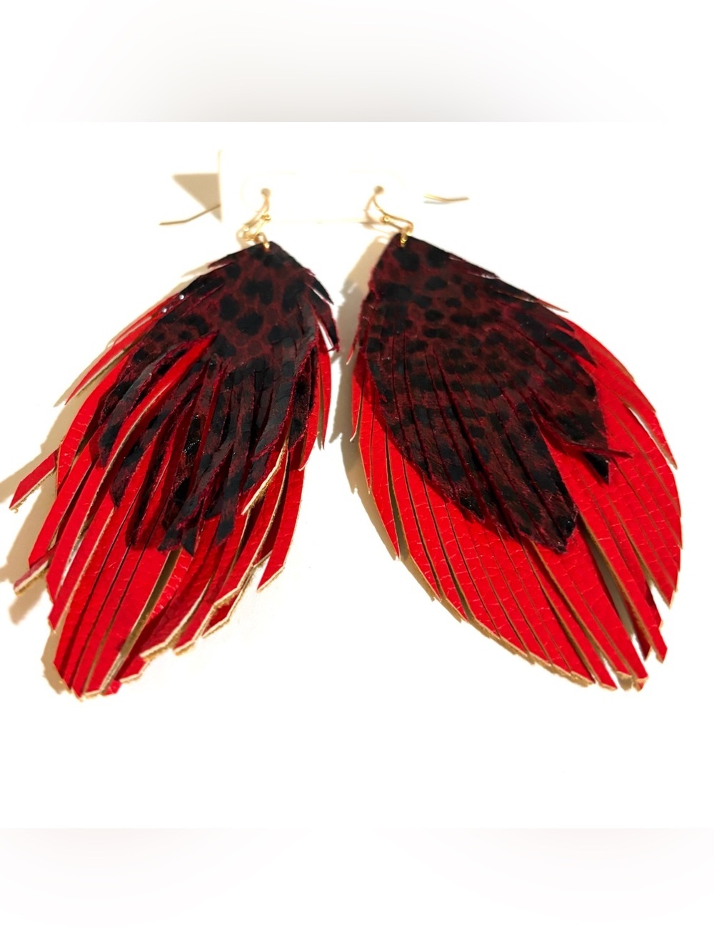 Red Feather leather Layered Dangle Earrings